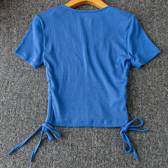 Blue Short Sleeve Women's Tee T-shirt ribbed top side string tie v neck - Picture 2 of 3